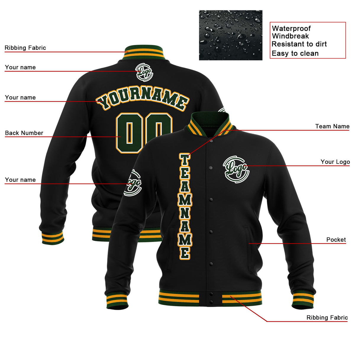 Custom Black Drak Green Yellow Waterproof Varsity Jackets Personalized Stitched Name Number Logo to Letterman Jackets enthsush