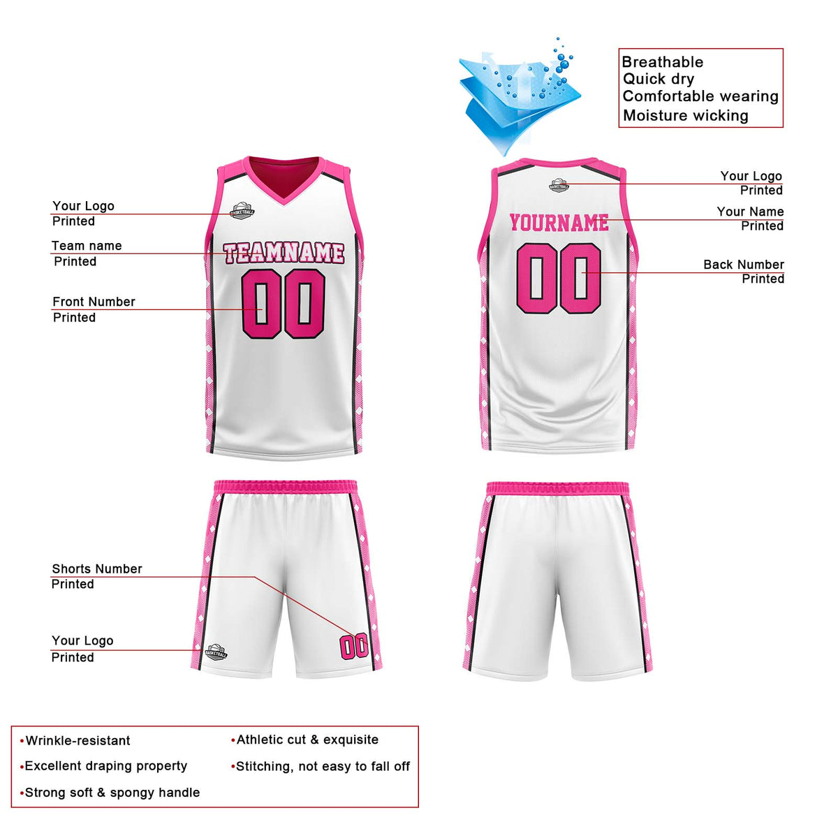Custom White Pink Reversible Basketball Suit for Adults and Kids Personalized Jersey enthsush