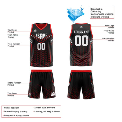 Custom Black Red Reversible Basketball Suit for Adults and Kids Personalized Jersey enthsush