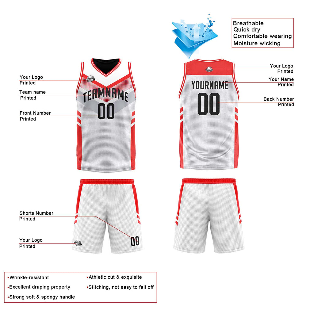 Custom White Red Reversible Basketball Suit for Adults and Kids Personalized Jersey enthsush
