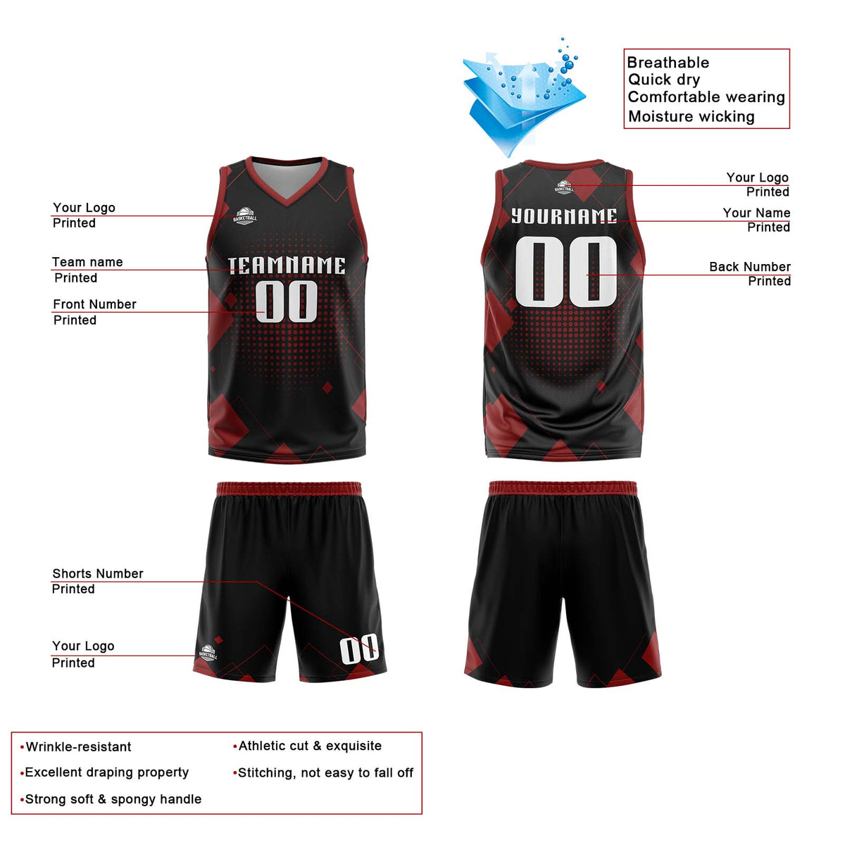 Custom Geometry Red Basketball Jersey Uniform Suit Printed Your Logo Name Number enthsush