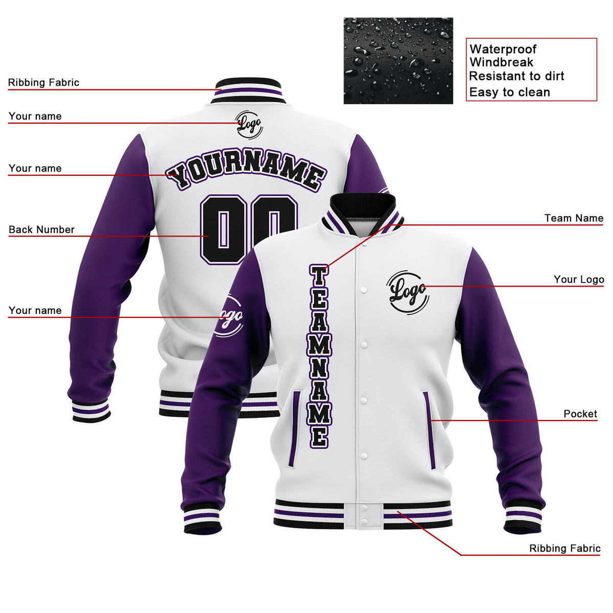Custom White Purple Black Waterproof Varsity Jackets Personalized Stitched Name Number Logo to Letterman Jackets enthsush