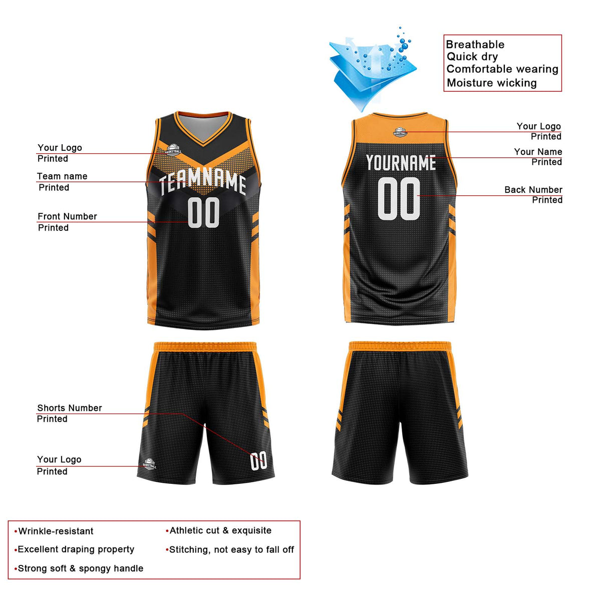 Custom Black Orange Reversible Basketball Suit for Adults and Kids Personalized Jersey enthsush