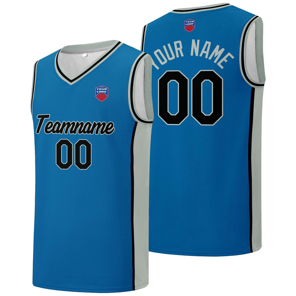 Custom basketball jersey shorts for men and women. Embroidered and printed name, number and logo Blue&Grey enthsush