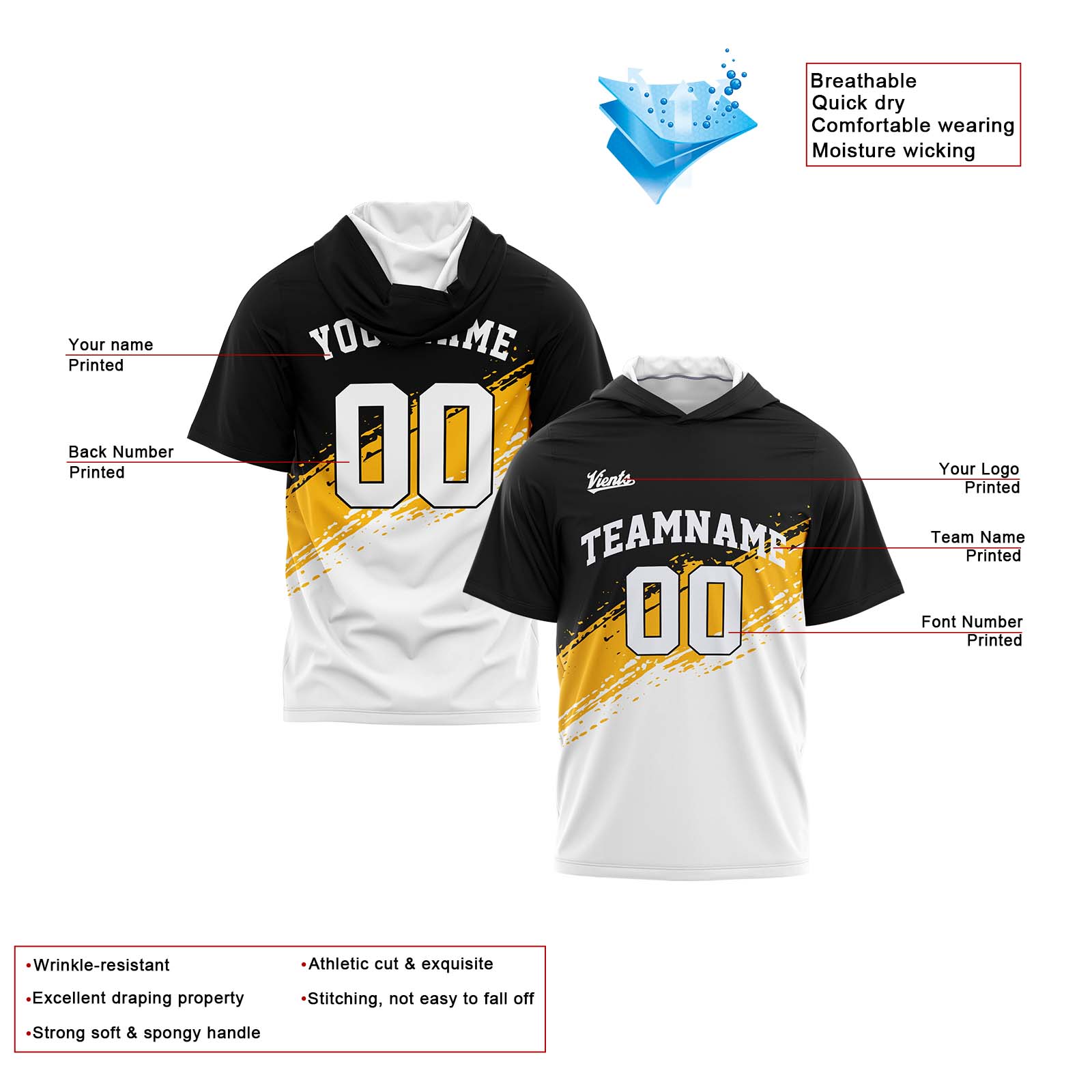 Custom Black Yellow White Short Sleeve Hoodies for Men Women Shirts with Hoods Printed Name Logo enthsush