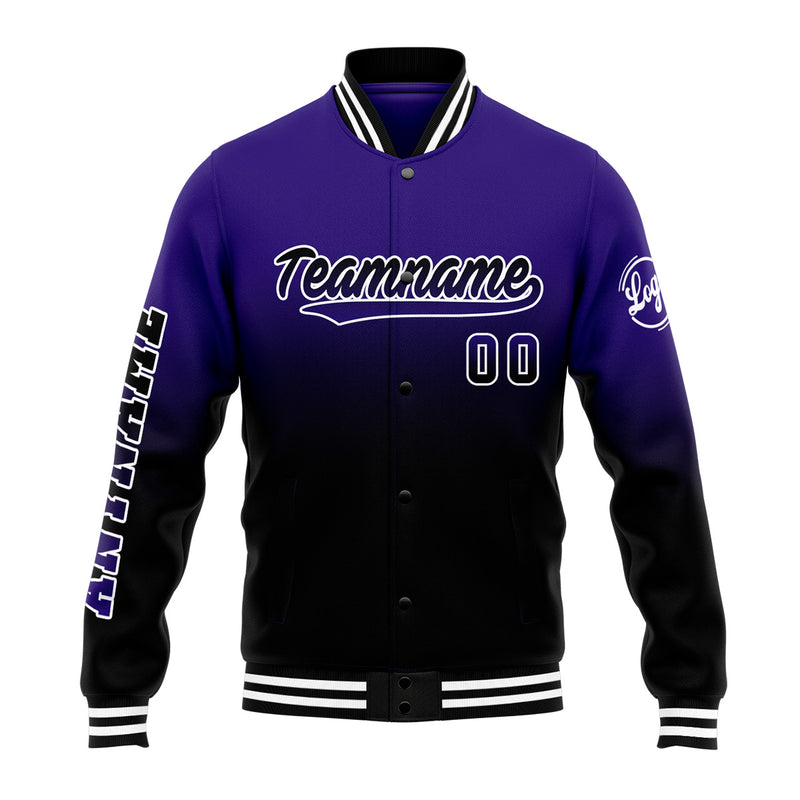 Custom Gradient Varsity Jacket Letterman jacket for Men, Women and Youth Purple&Black