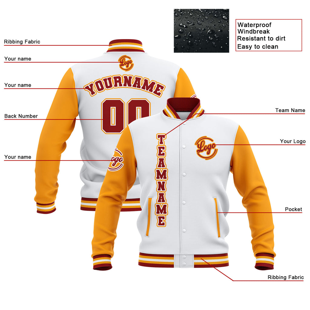 Custom White Yellow Red Waterproof Varsity Jackets Personalized Stitched Name Number Logo to Letterman Jackets enthsush
