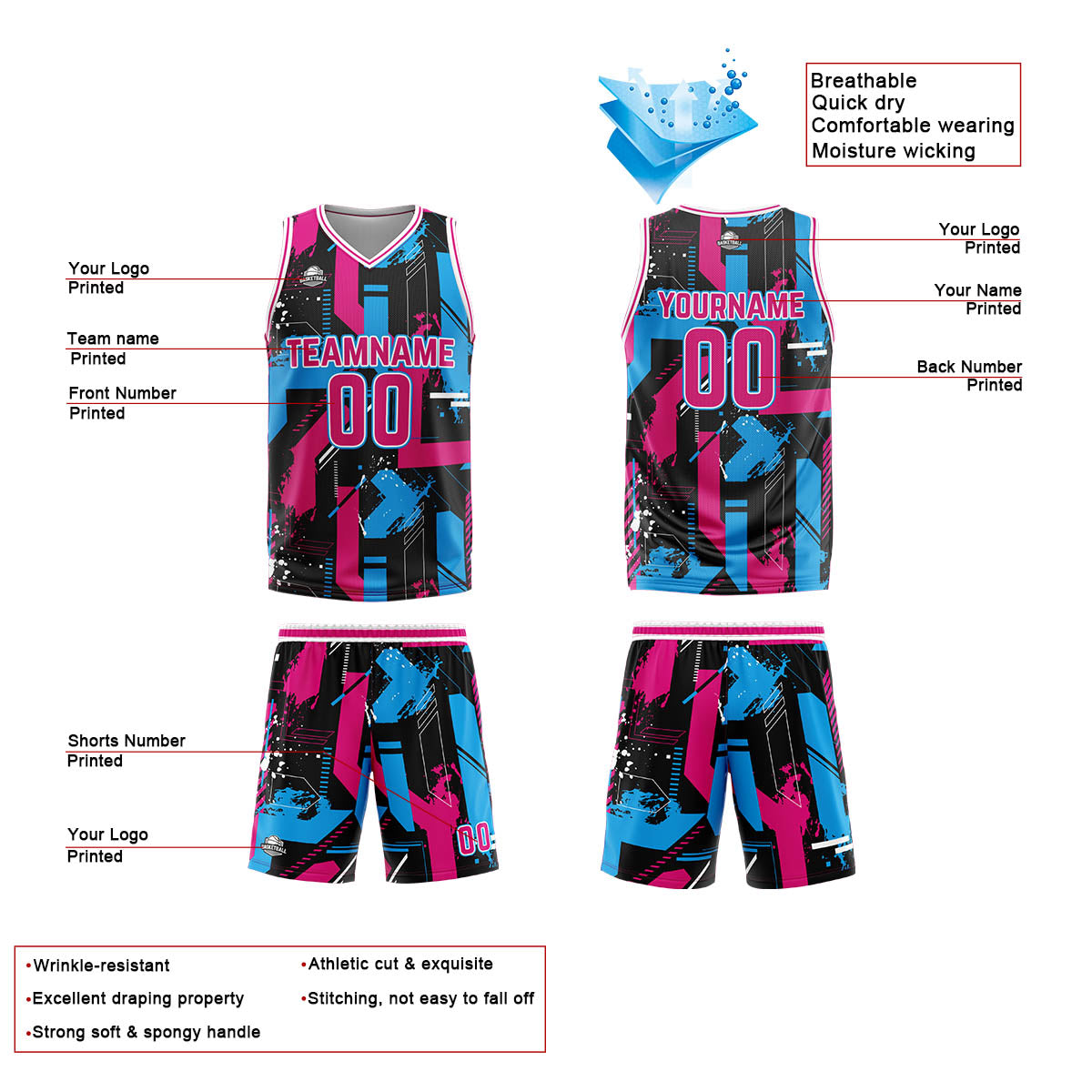 Custom Pink Light Blue Reversible Basketball Suit for Adults and Kids Personalized Jersey enthsush