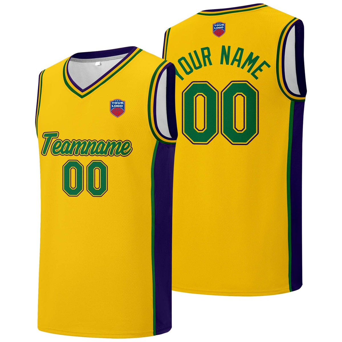 Custom basketball jersey shorts for men and women. Embroidered and printed name, number and logo Yellow enthsush