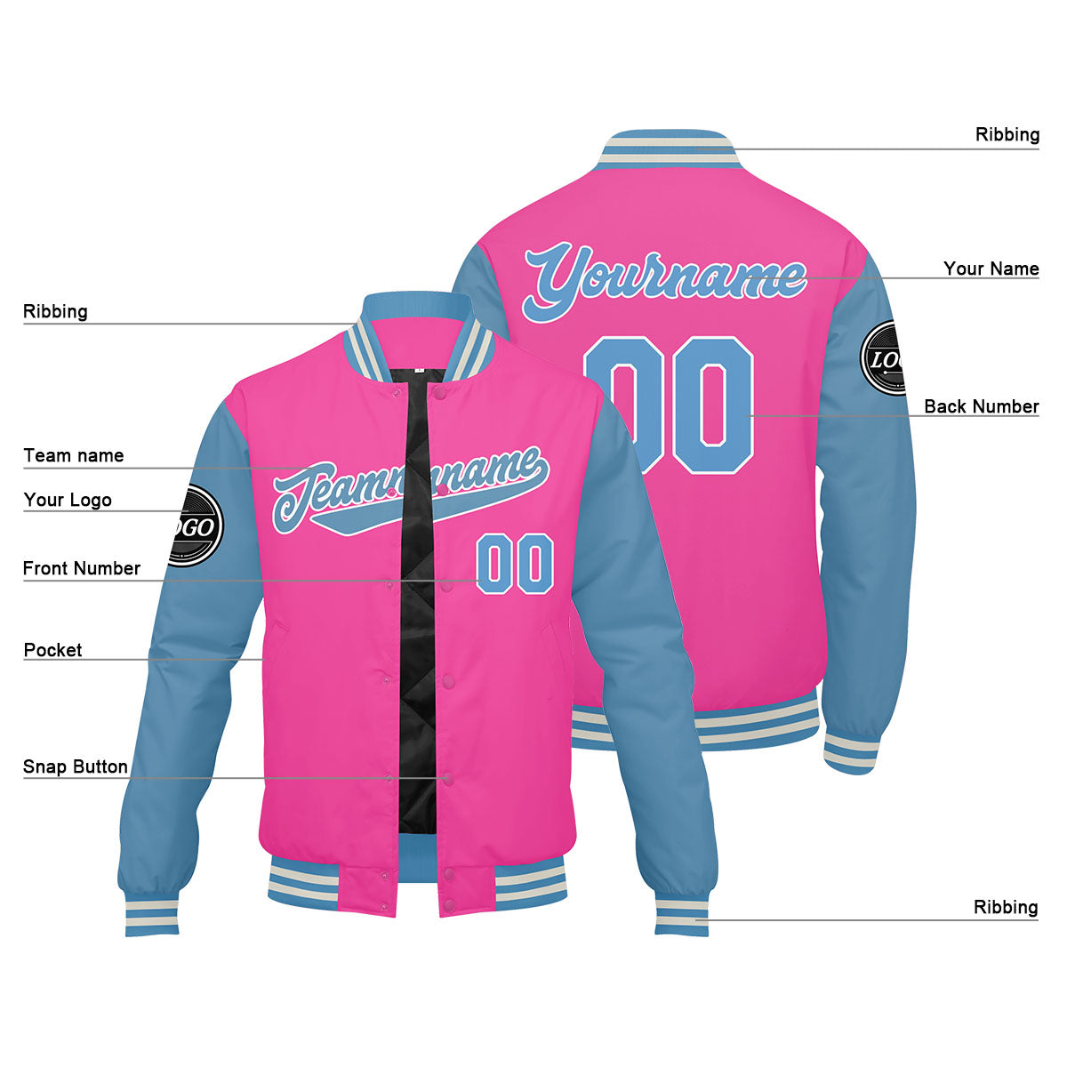 Custom Varsity Jacket Letterman jacket for Men, Women and Youth Pink enthsush