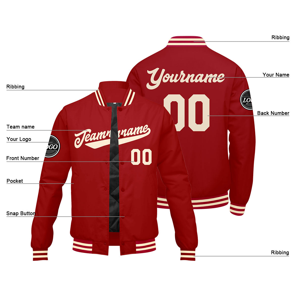 Custom Varsity Jacket Letterman jacket for Men, Women and Youth Red Cream enthsush