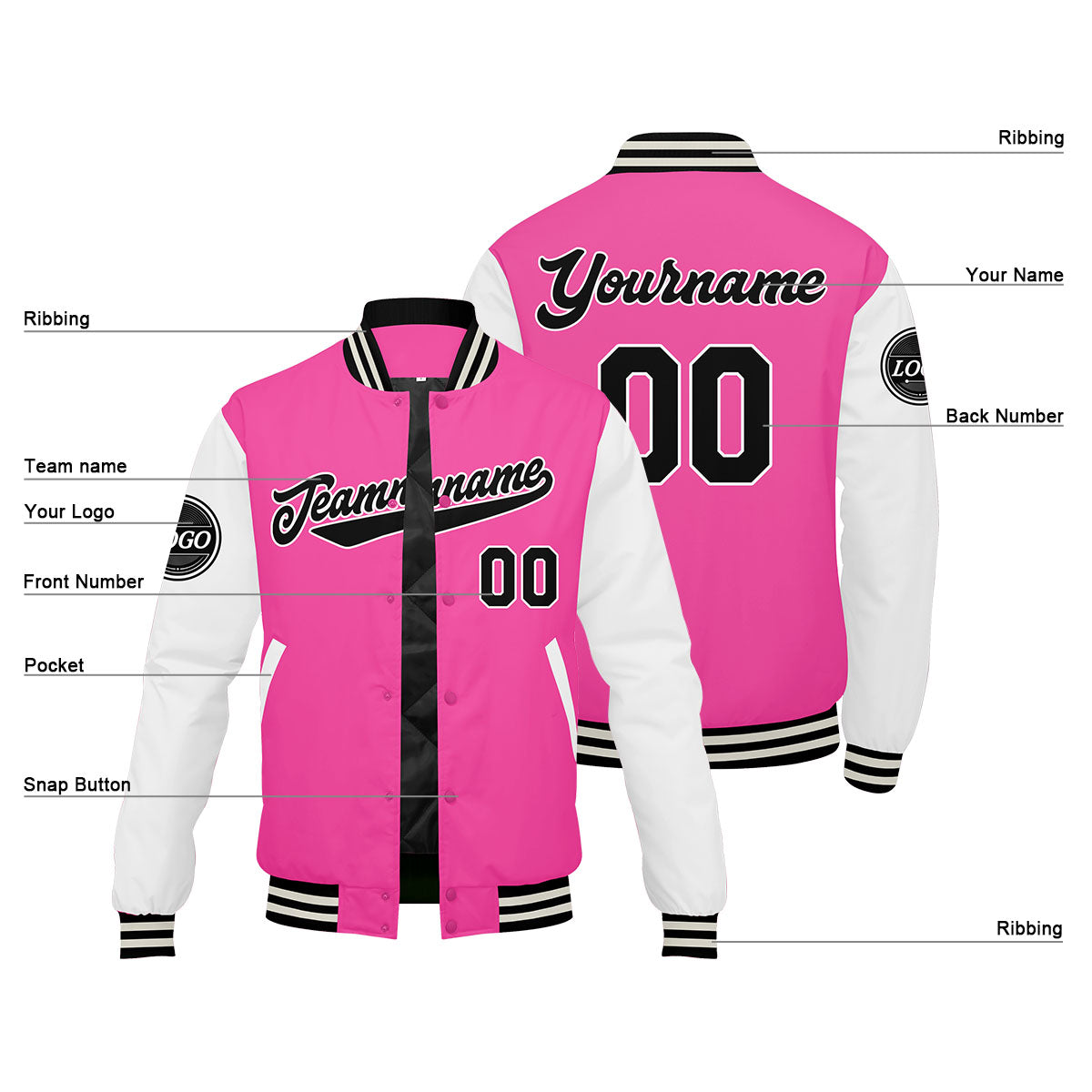 Custom Varsity Jacket Letterman jacket for Men, Women and Youth Pink enthsush