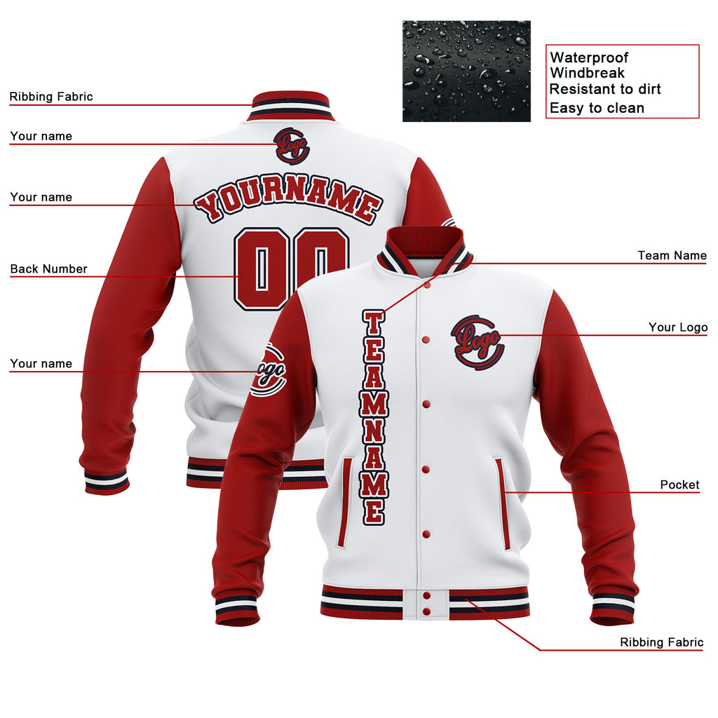 Custom White Red Navy Waterproof Varsity Jackets Personalized Stitched Name Number Logo to Letterman Jackets enthsush