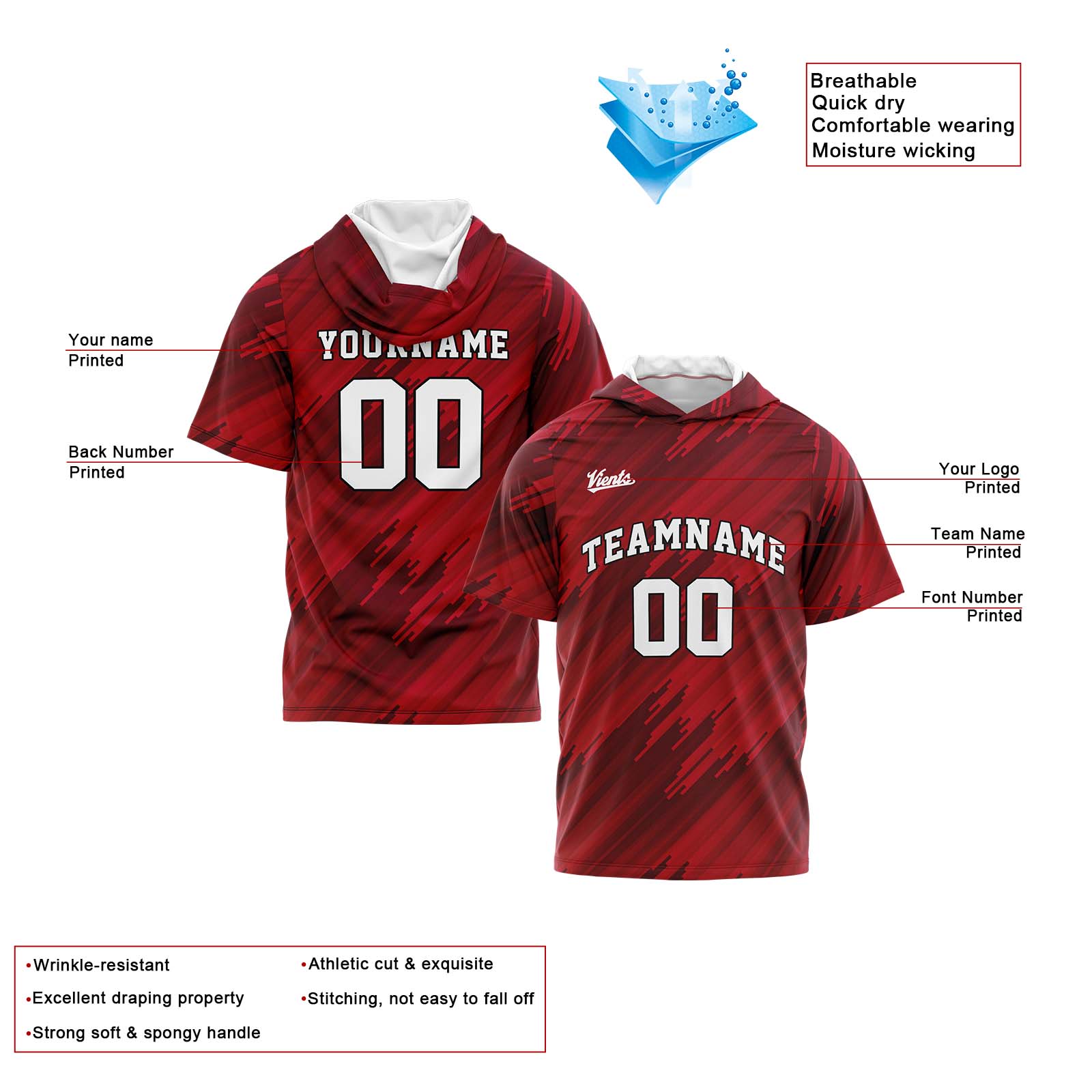 Custom Red Short Sleeve Hoodies for Men Women Shirts with Hoods Printed Name Logo enthsush