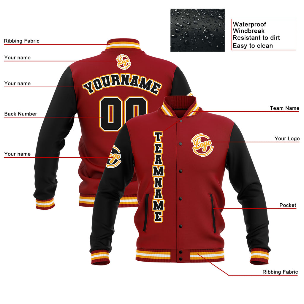 Custom Black Red Yellow Waterproof Varsity Jackets Personalized Stitched Name Number Logo to Letterman Jackets enthsush