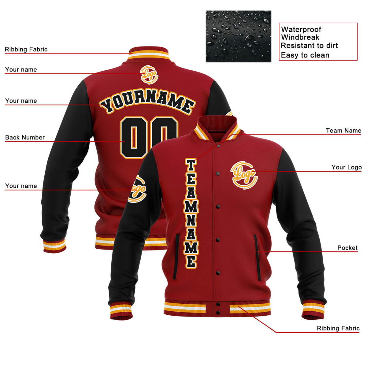 Custom Black Red Yellow Waterproof Varsity Jackets Personalized Stitched Name Number Logo to Letterman Jackets enthsush