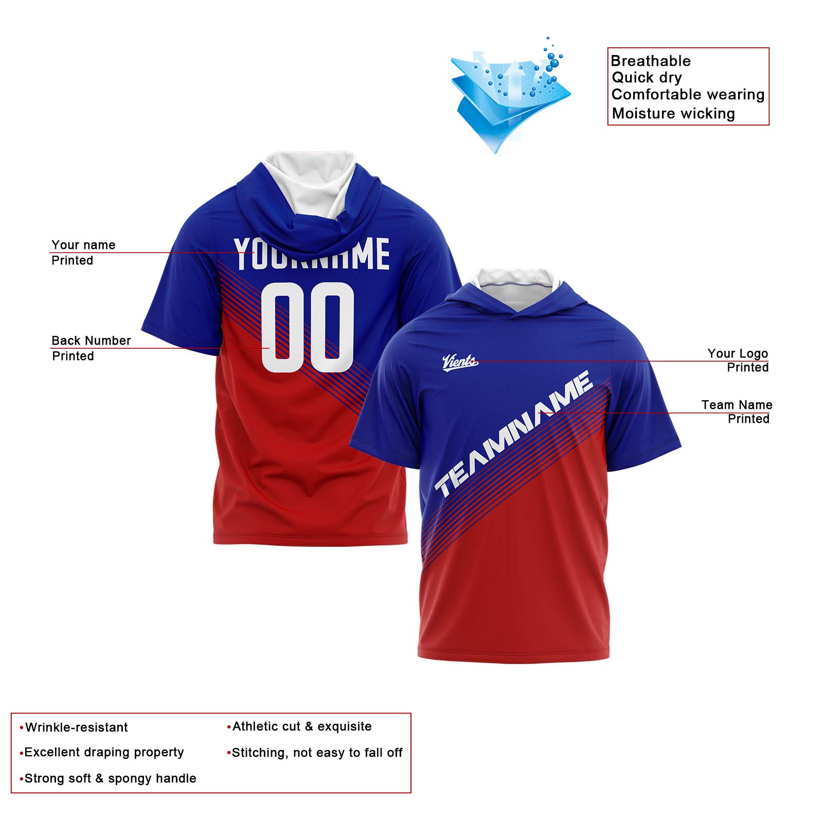 Custom Royal Red Short Sleeve Hoodies for Men Women Shirts with Hoods Printed Name Logo enthsush