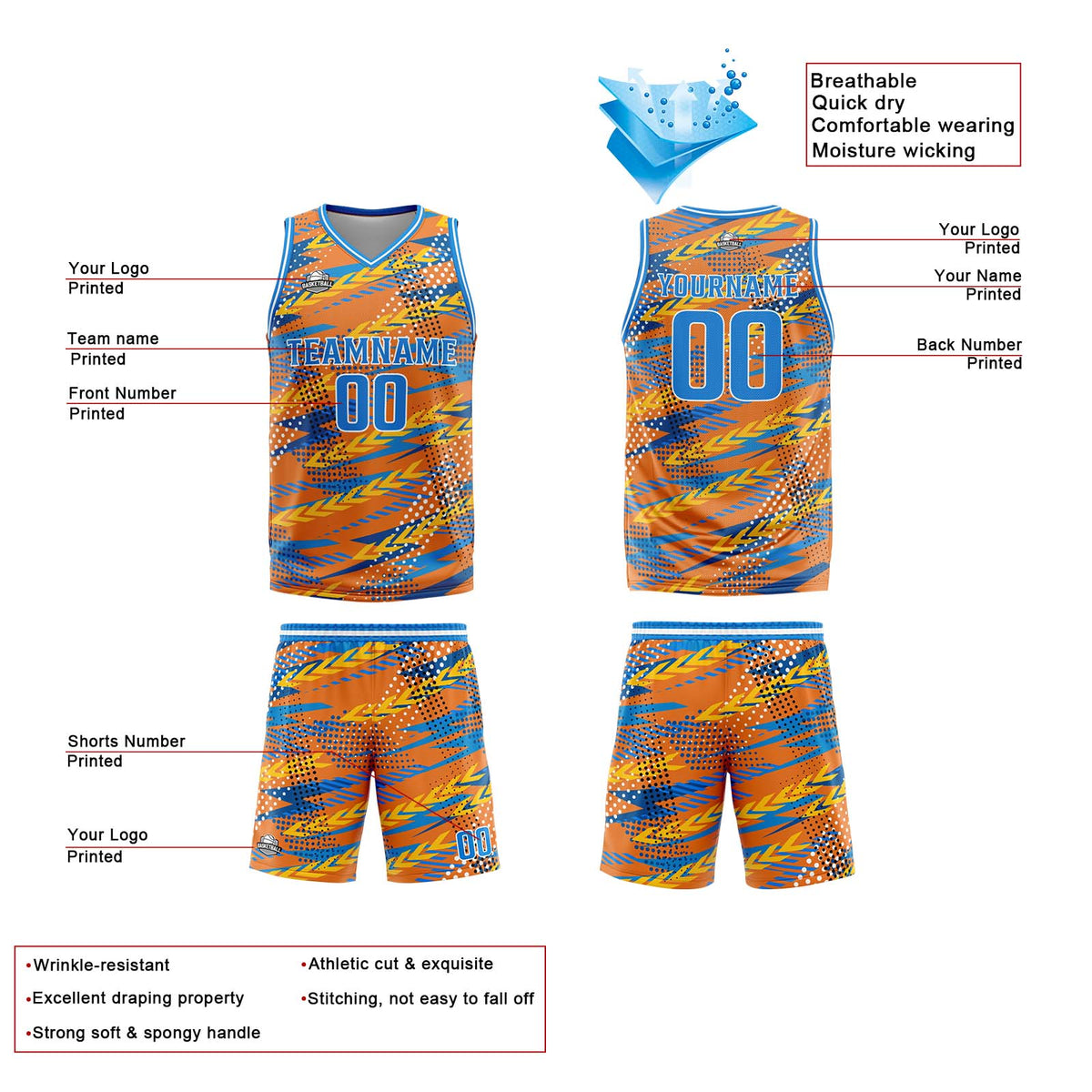 Custom Orange Blue Reversible Basketball Suit for Adults and Kids Personalized Jersey enthsush