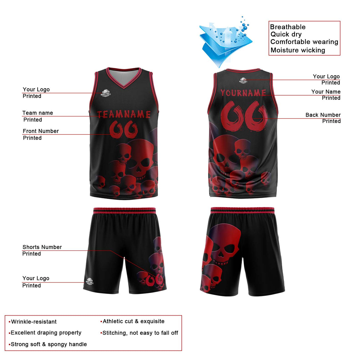 Custom Fluid Red Basketball Jersey Uniform Suit Printed Your Logo Name Number enthsush