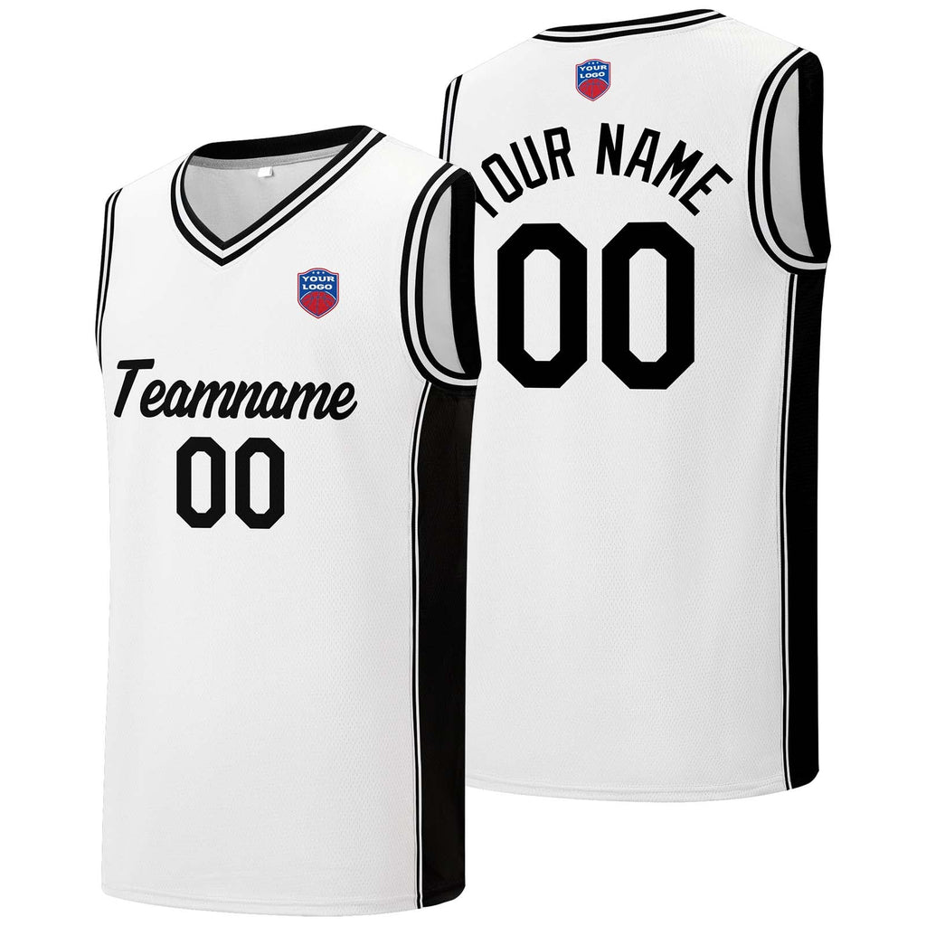 Custom basketball jersey shorts for men and women. Embroidered and printed name, number and logo White enthsush