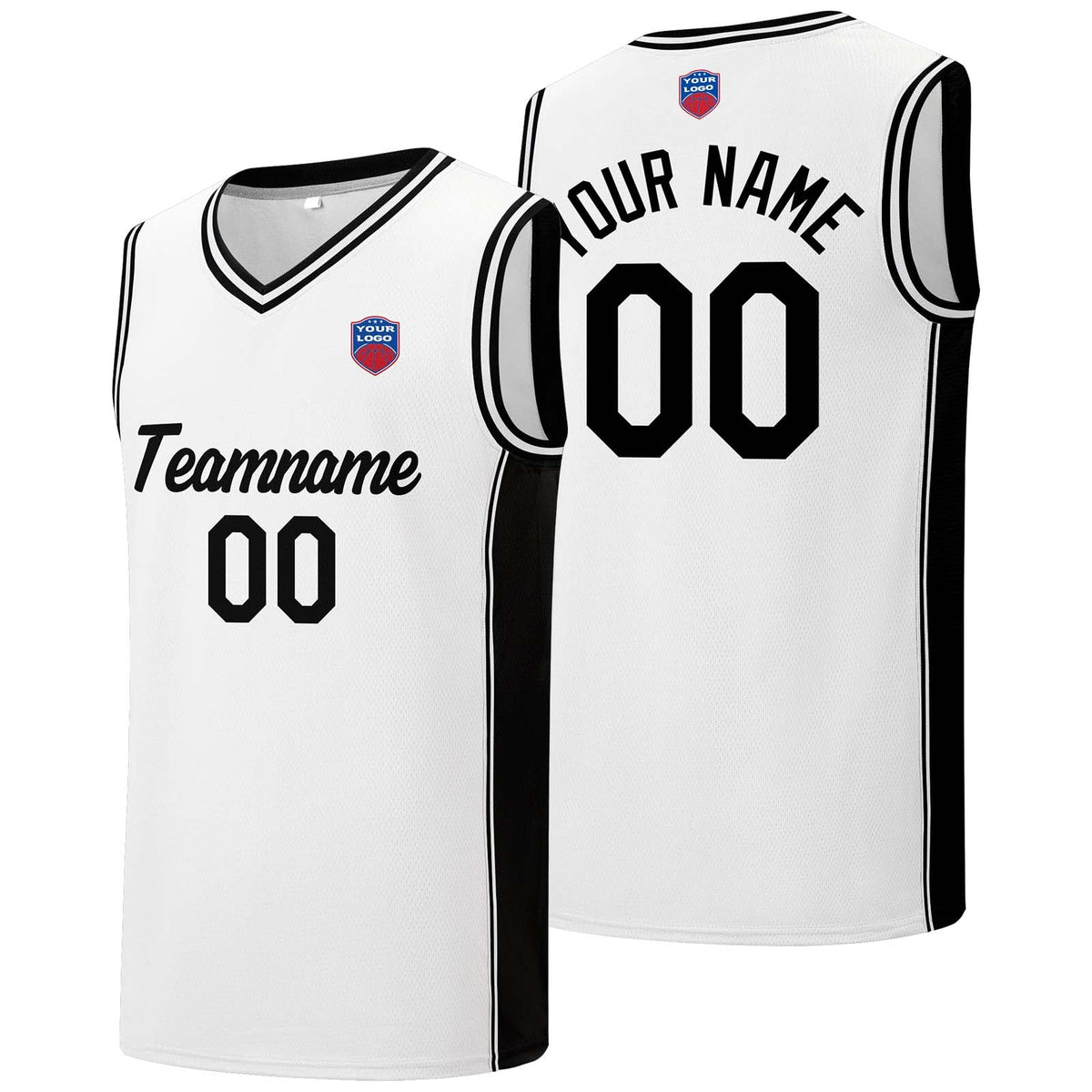 Custom basketball jersey shorts for men and women. Embroidered and printed name, number and logo White enthsush