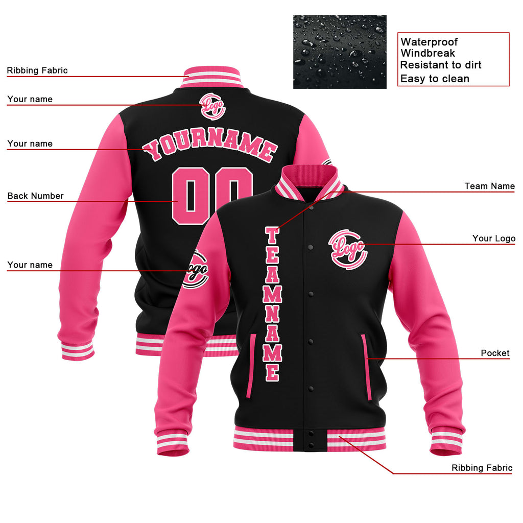 Custom Black Pink White Waterproof Varsity Jackets Personalized Stitched Name Number Logo to Letterman Jackets enthsush