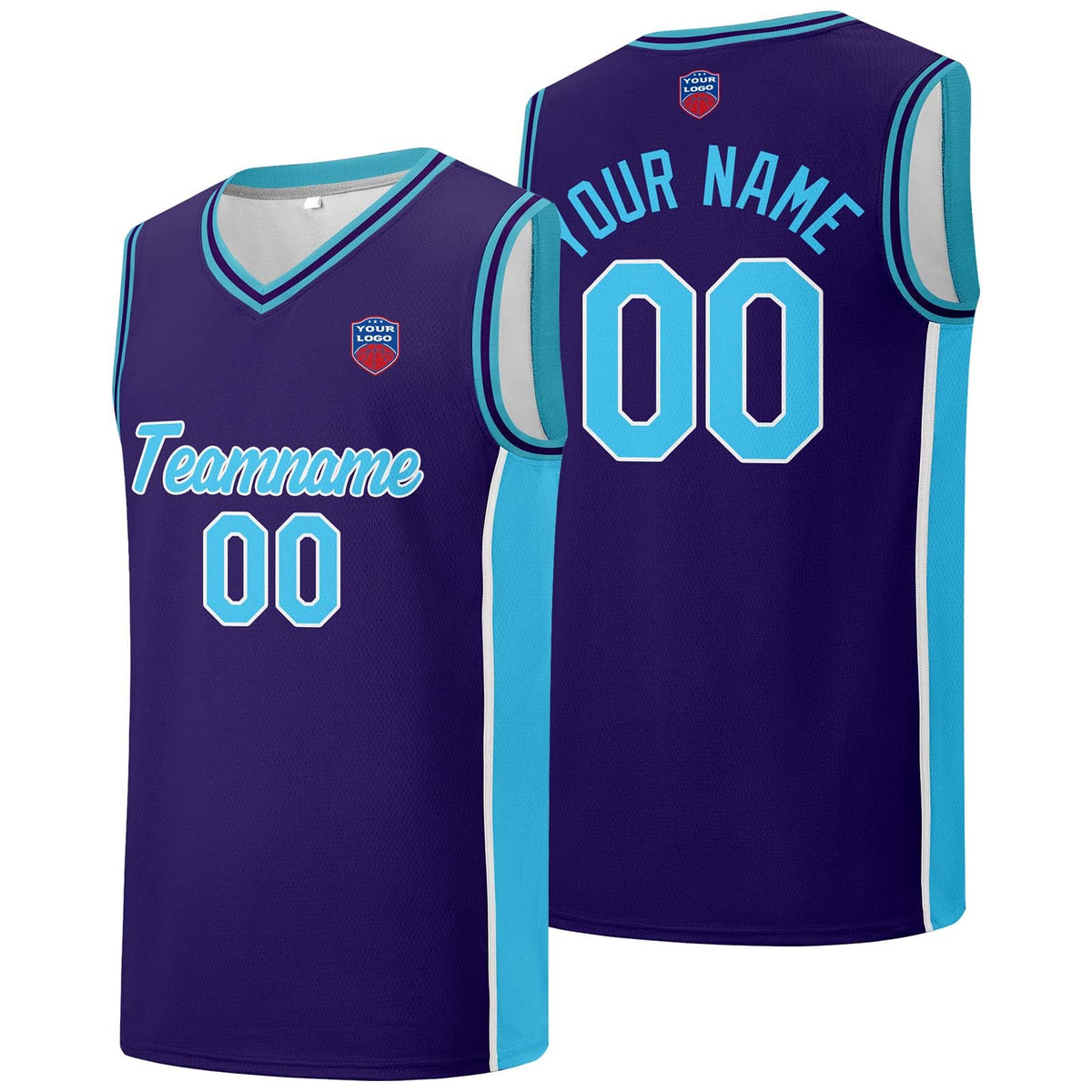 Custom basketball jersey shorts for men and women. Embroidered and printed name, number and logo Purple&Light Blue enthsush