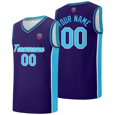 Custom basketball jersey shorts for men and women. Embroidered and printed name, number and logo Purple&Light Blue enthsush