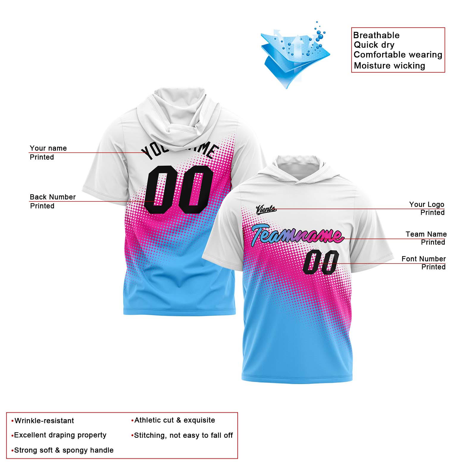 Custom White Pink Light Blue Short Sleeve Hoodies for Men Women Shirts with Hoods Printed Name Logo enthsush
