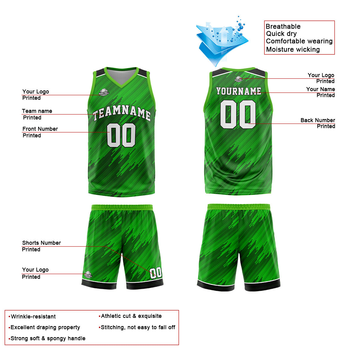 Custom Green Basketball Jersey Uniform Suit Printed Your Logo Name Number enthsush