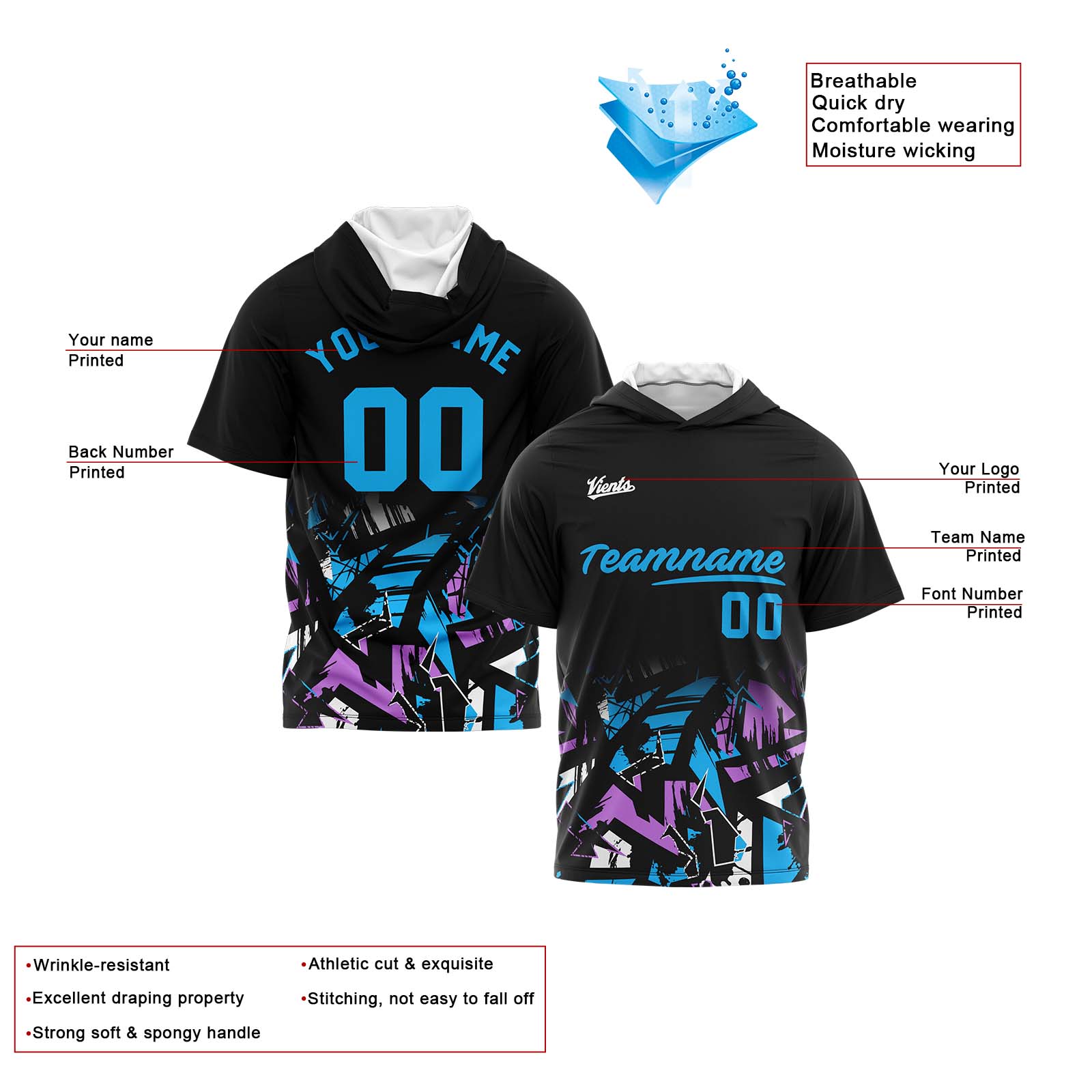 Custom Black Light Blue Short Sleeve Hoodies for Men Women Shirts with Hoods Printed Name Logo enthsush