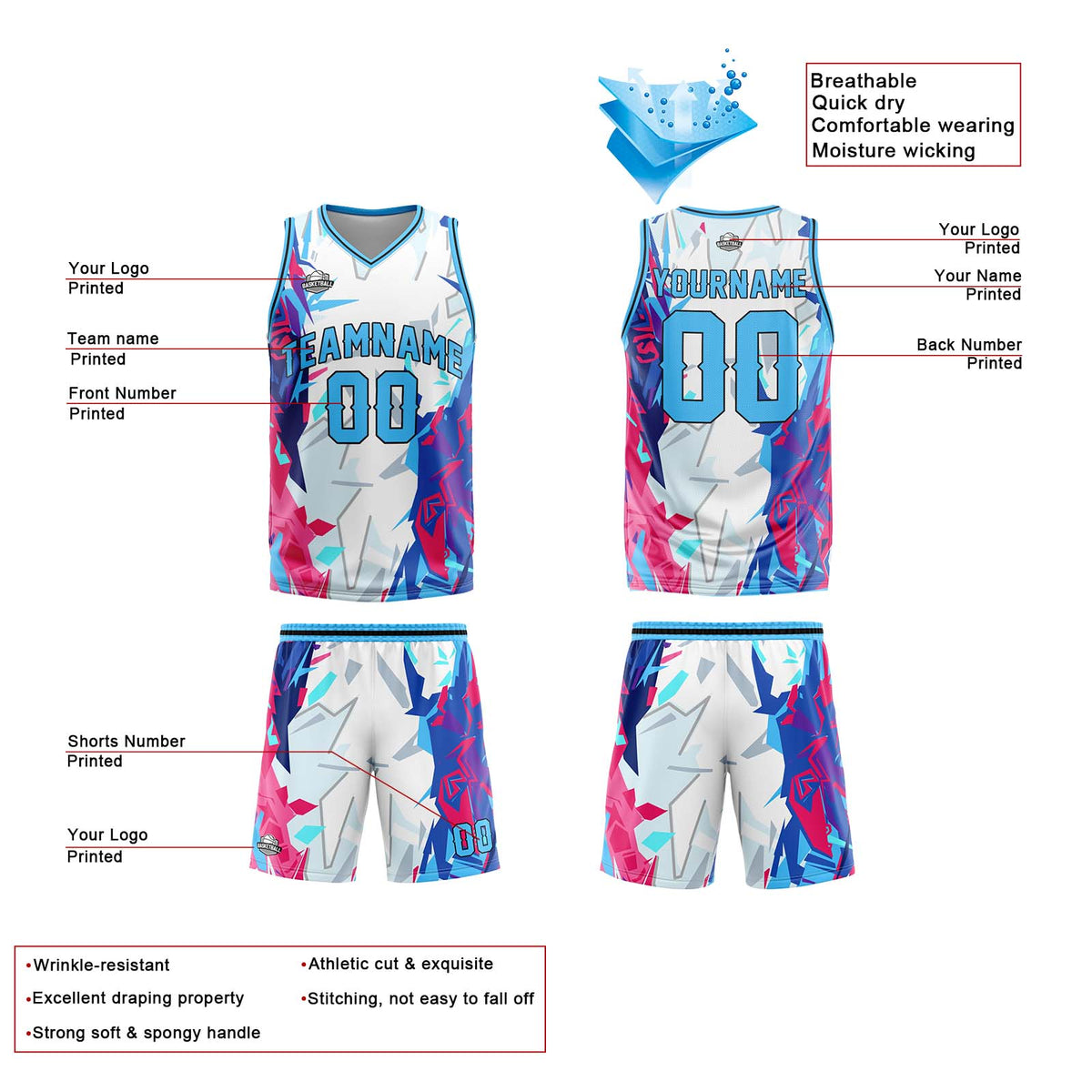 Custom Light Blue Basketball Jersey Uniform Suit Printed Your Logo Name Number enthsush