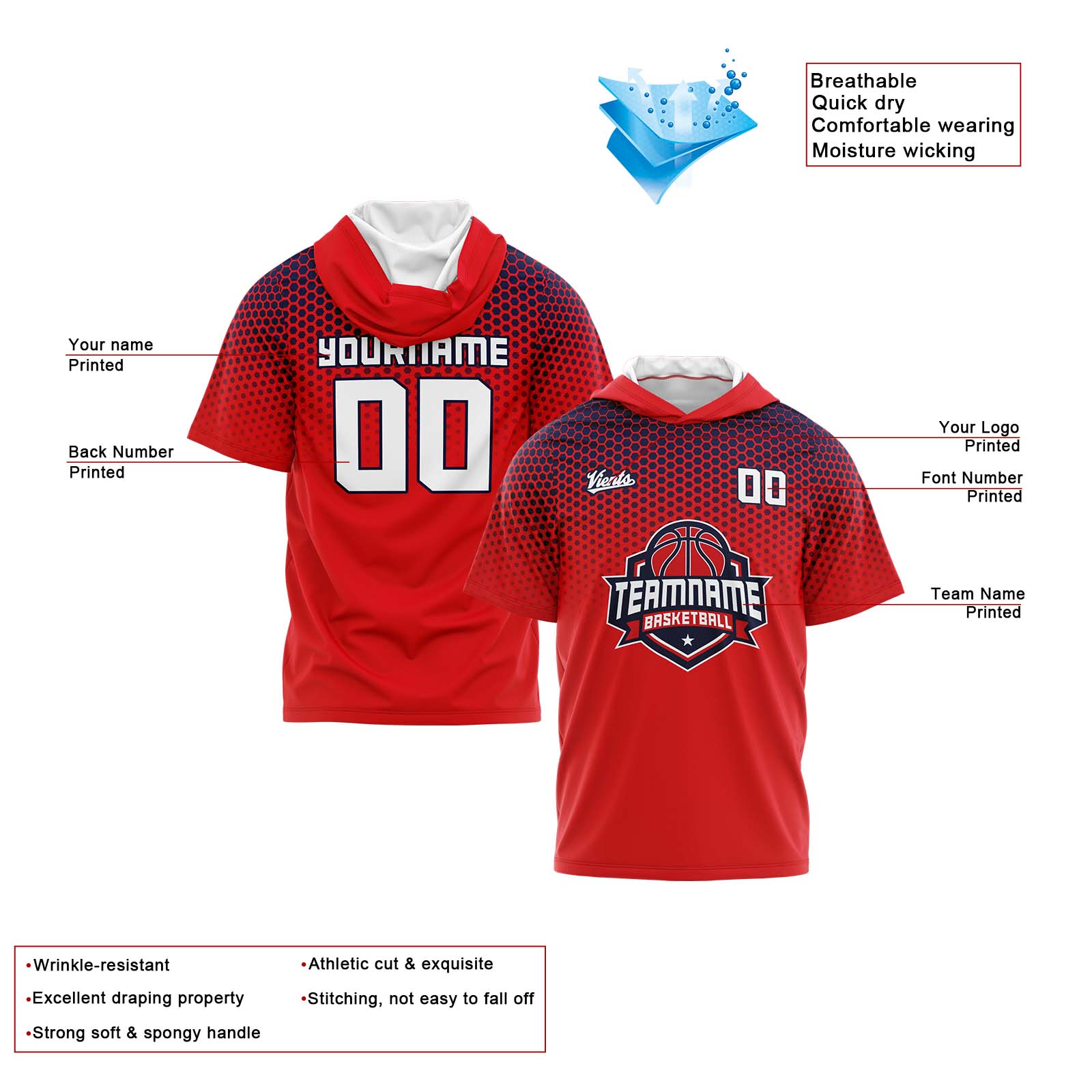 Custom Red Navy Short Sleeve Hoodies for Men Women Shirts with Hoods Printed Name Logo enthsush