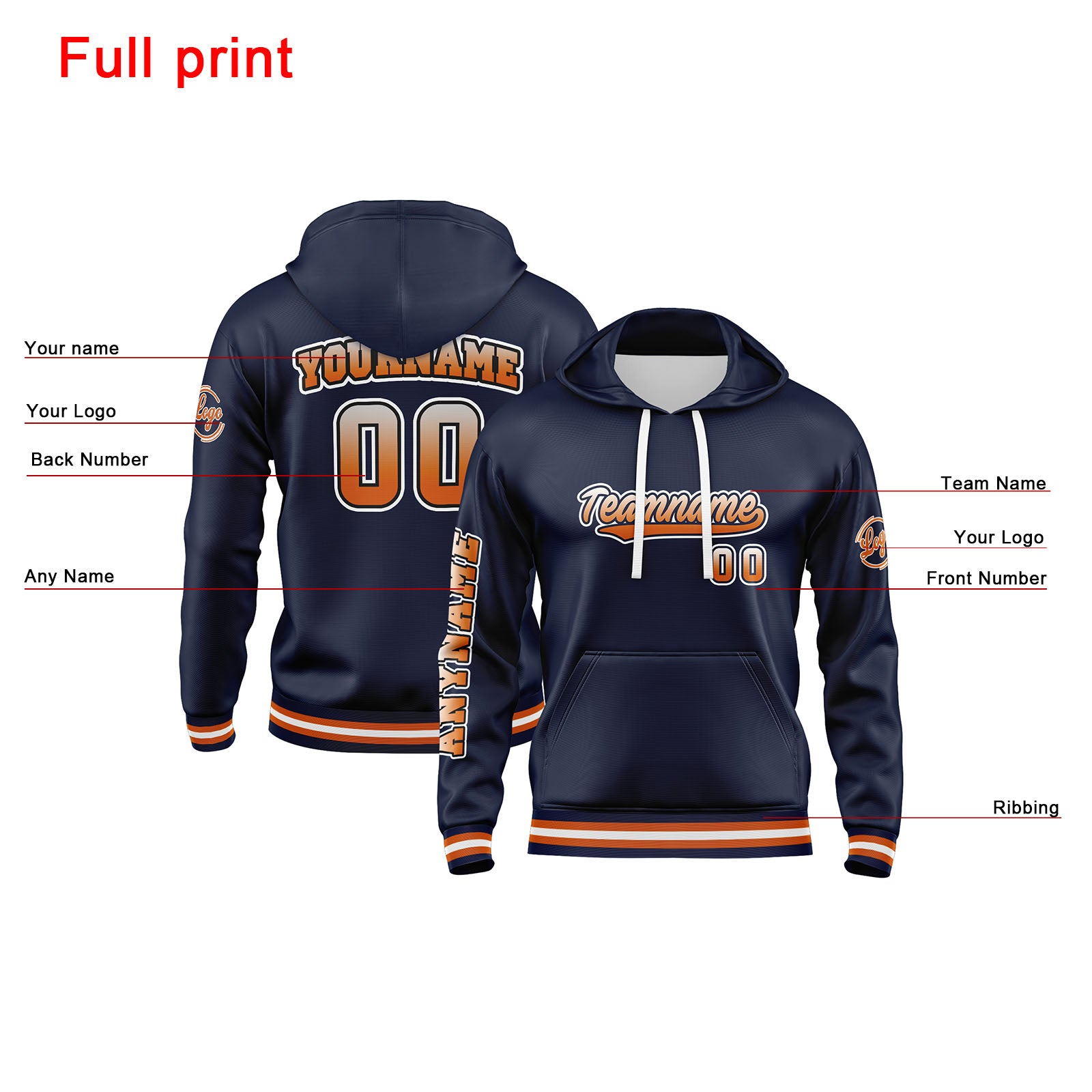 Custom Navy Orange Sweatshirt Hoodie For Men Women Girl Boy Print Your Logo Name Number enthsush