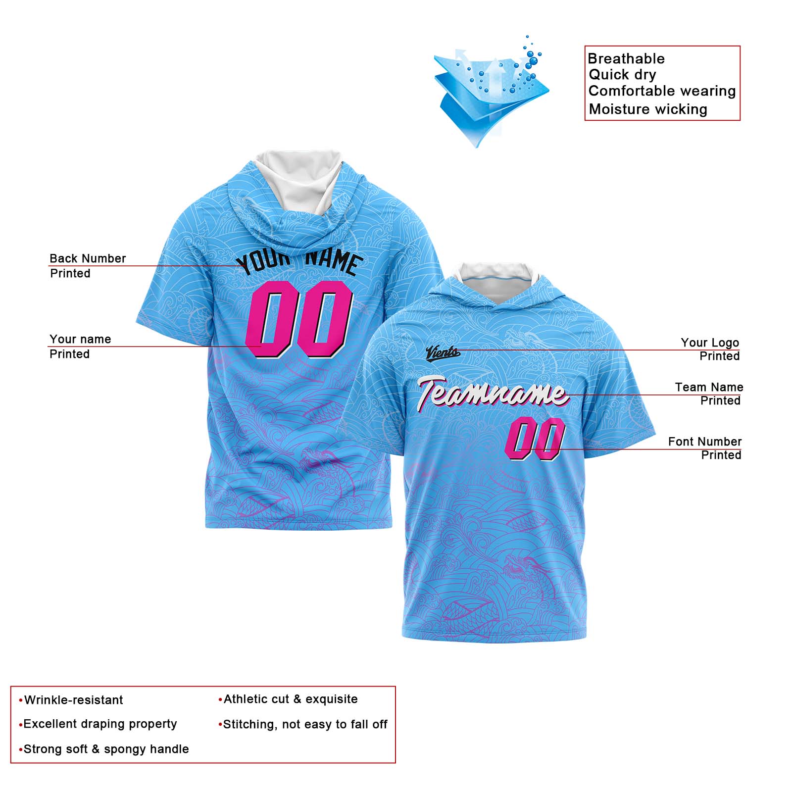 Custom Light Blue Pink Short Sleeve Hoodies for Men Women Shirts with Hoods Printed Name Logo enthsush