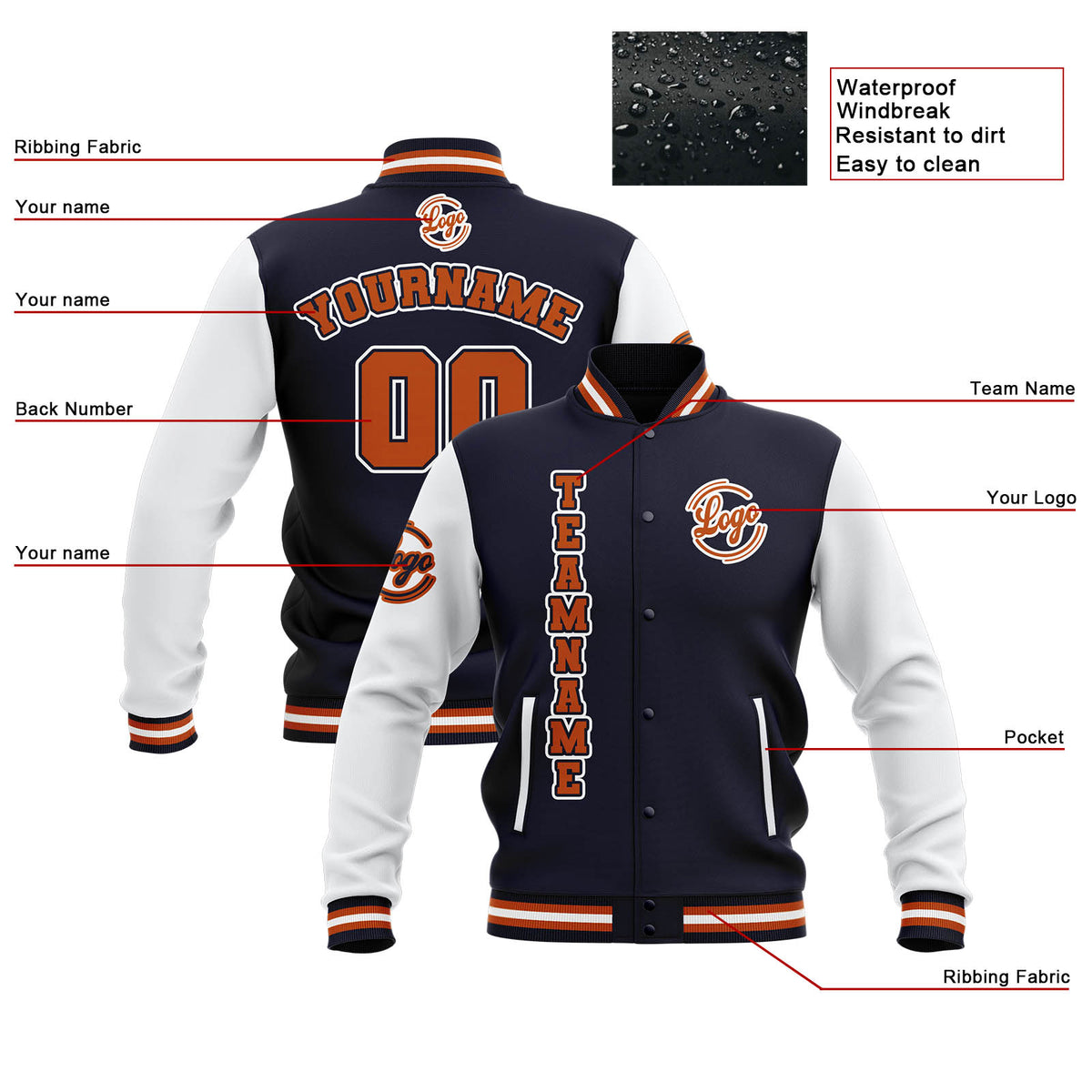 Custom Navy White Orange Waterproof Varsity Jackets Personalized Stitched Name Number Logo to Letterman Jackets enthsush