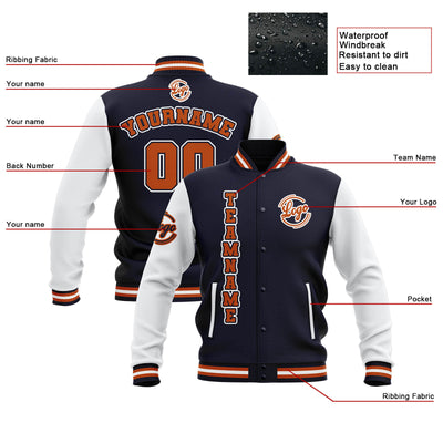 Custom Navy White Orange Waterproof Varsity Jackets Personalized Stitched Name Number Logo to Letterman Jackets enthsush