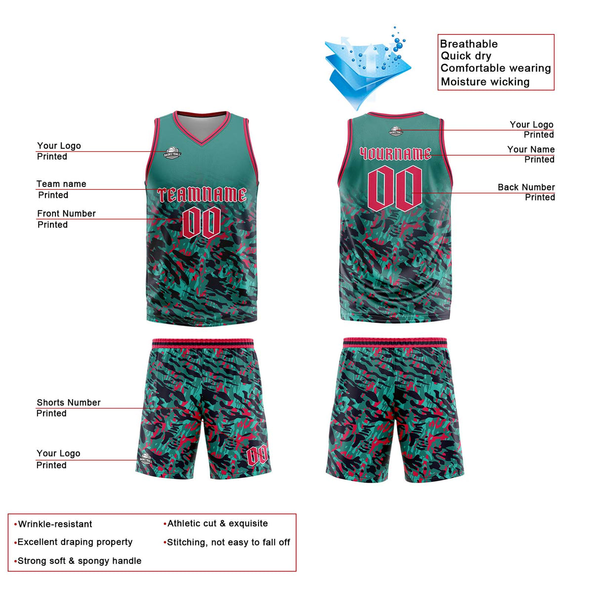 Custom Green Red Reversible Basketball Suit for Adults and Kids Personalized Jersey enthsush