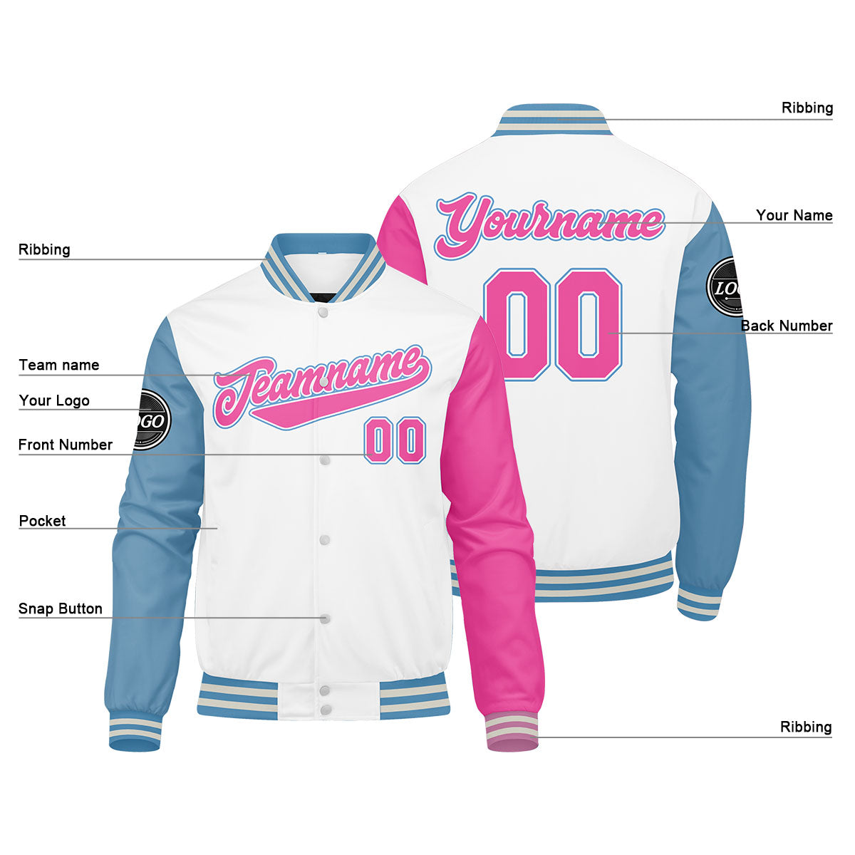 Custom Varsity Jacket Letterman jacket for Men, Women and Youth White Light Blue Pink enthsush