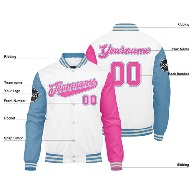 Custom Varsity Jacket Letterman jacket for Men, Women and Youth White Light Blue Pink enthsush