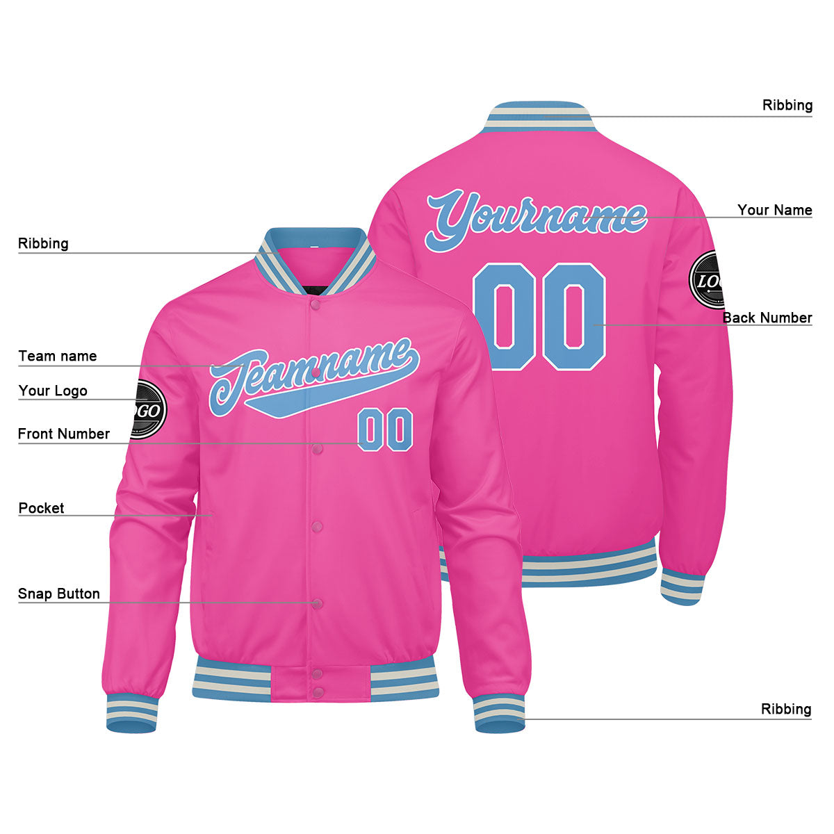 Custom Varsity Jacket Letterman jacket for Men, Women and Youth Pink Light Blue enthsush