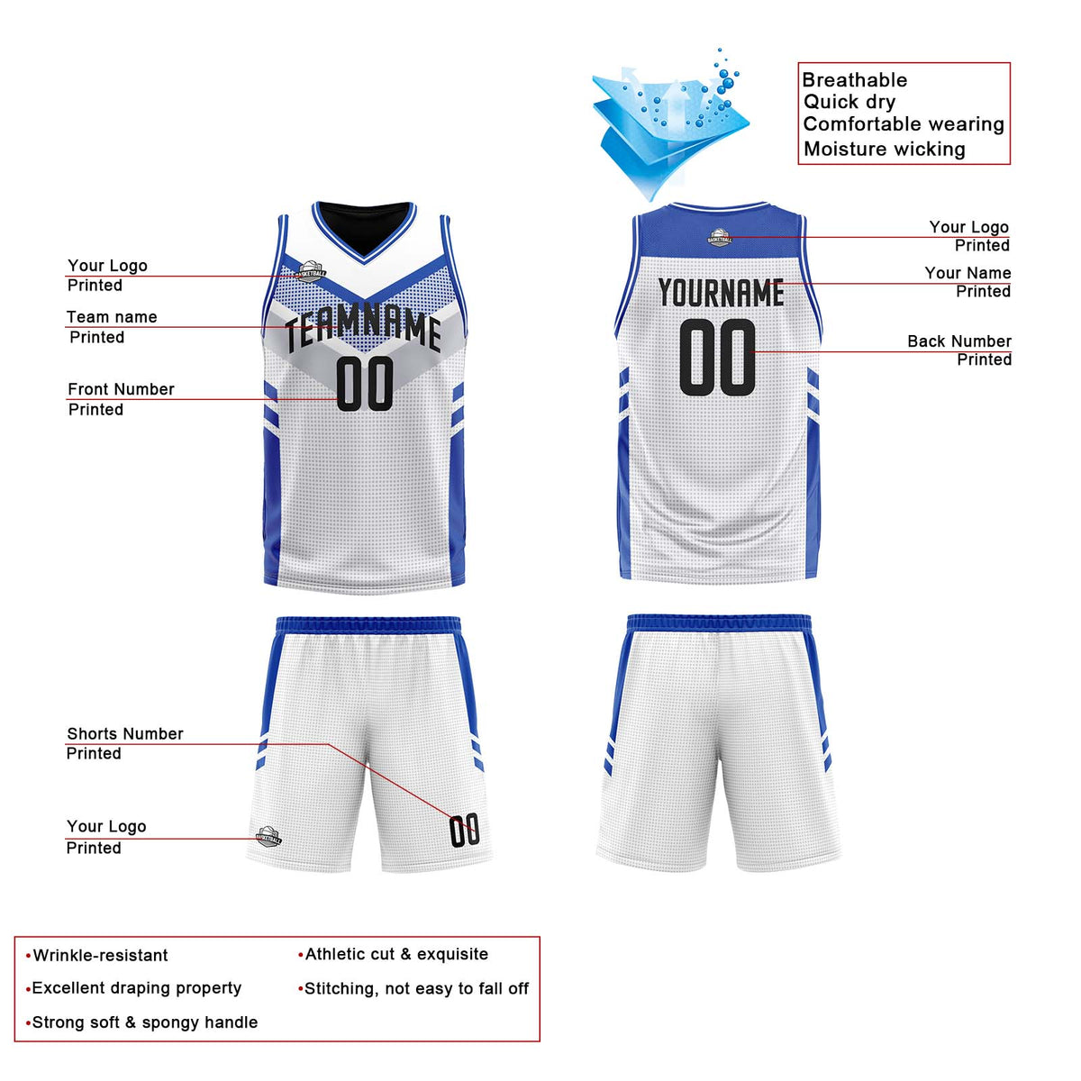 Custom White Blue Reversible Basketball Suit for Adults and Kids Personalized Jersey enthsush