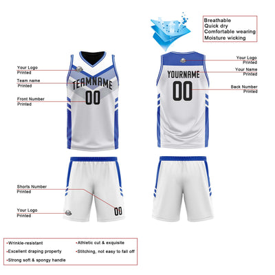 Custom White Blue Reversible Basketball Suit for Adults and Kids Personalized Jersey enthsush