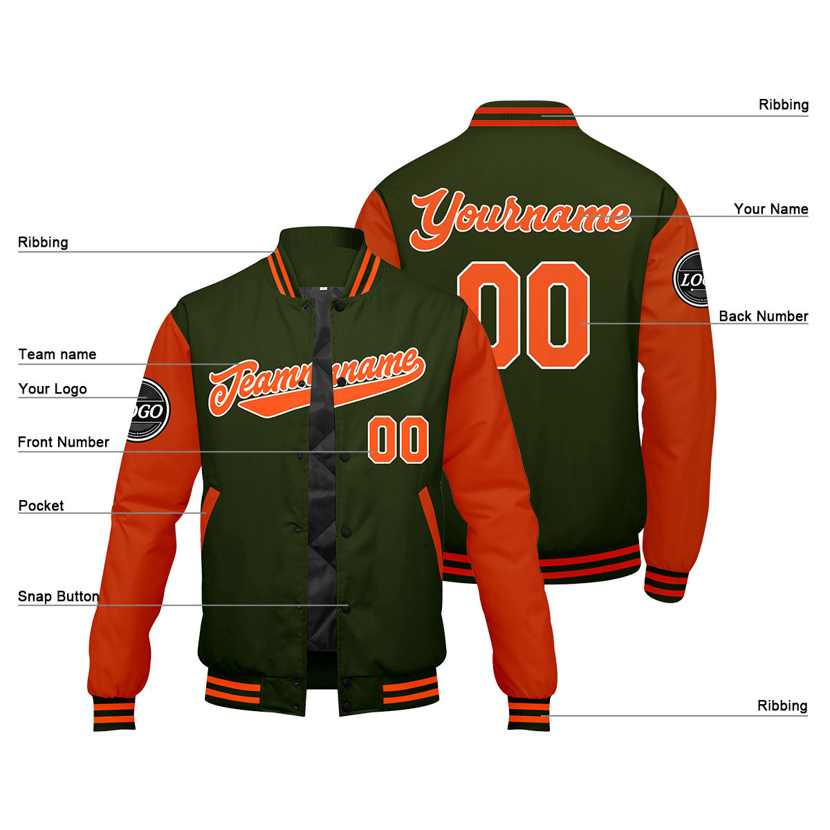 Custom Varsity Jacket Letterman jacket for Men, Women and Youth Olive green Orange enthsush