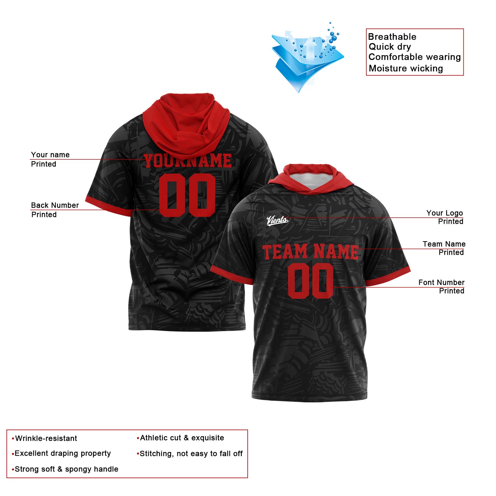 Custom Black Red Sleeve Hoodies for Men Women Shirts with Hoods Printed Name Logo enthsush