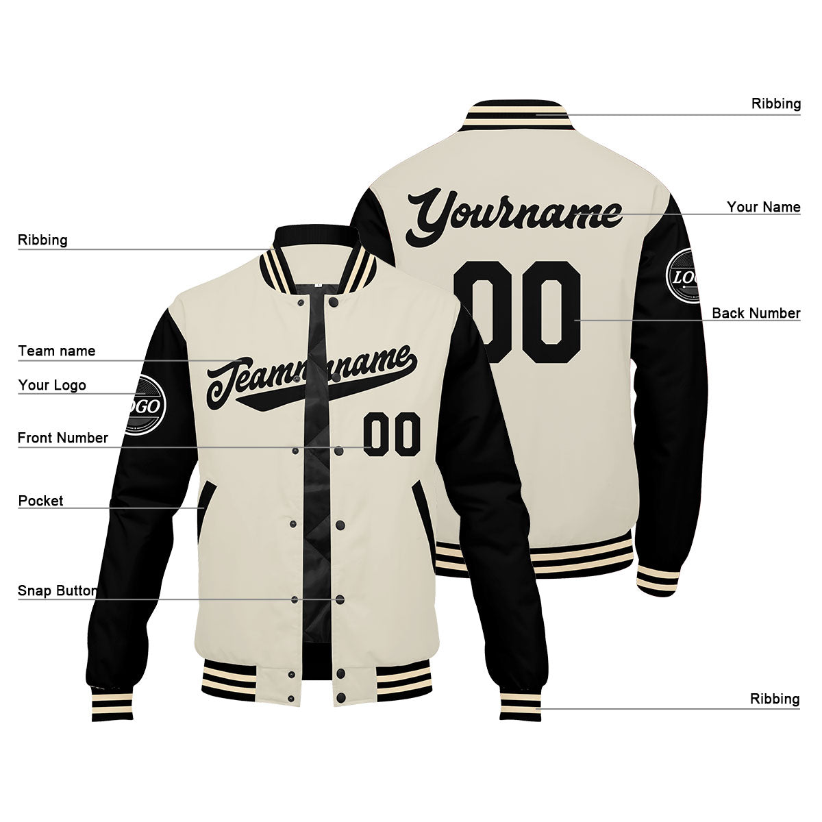 Custom Varsity Jacket Letterman jacket for Men, Women and Youth Black Cream enthsush