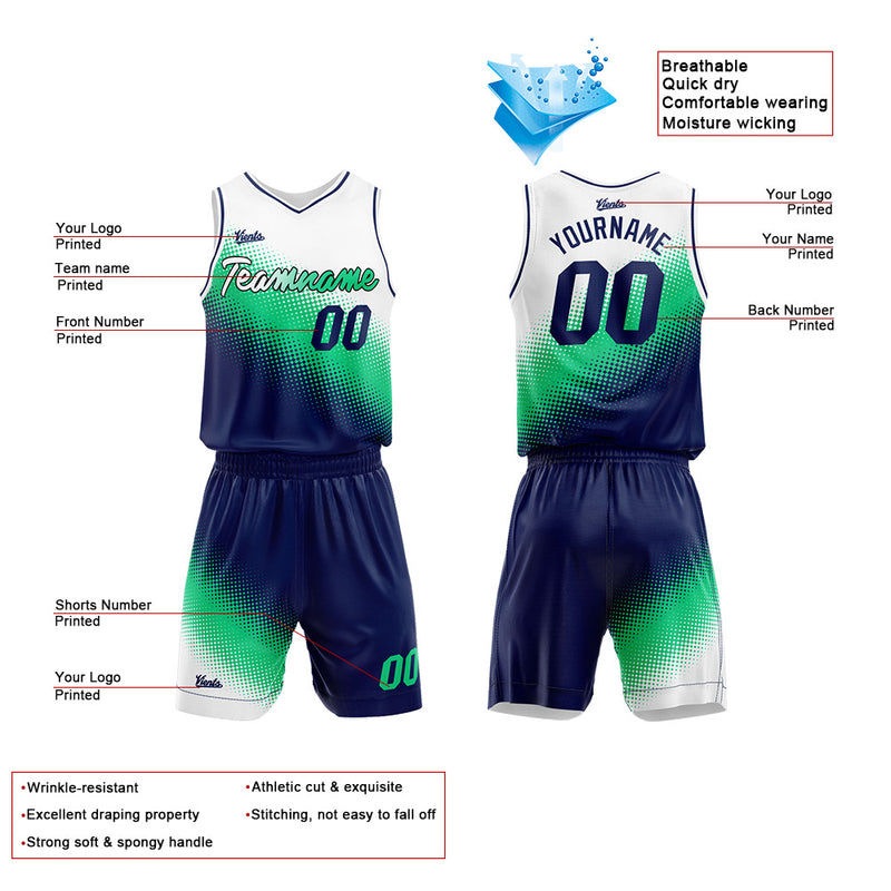 Custom Basketball Jersey Uniform Suit Printed Your Logo Name Number White-Green-Navy