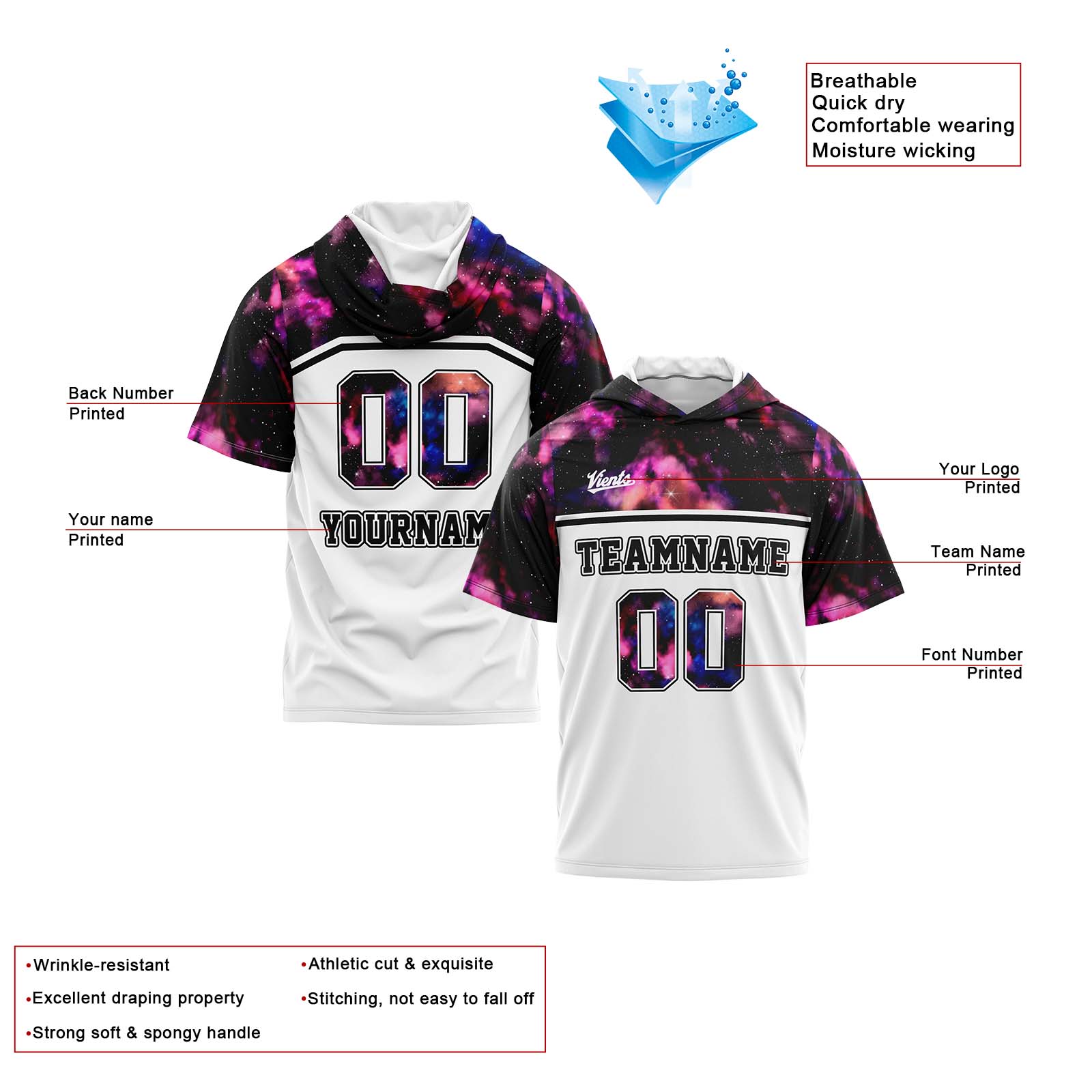 Custom White Starry Sky Short Sleeve Hoodies for Men Women Shirts with Hoods Printed Name Logo enthsush