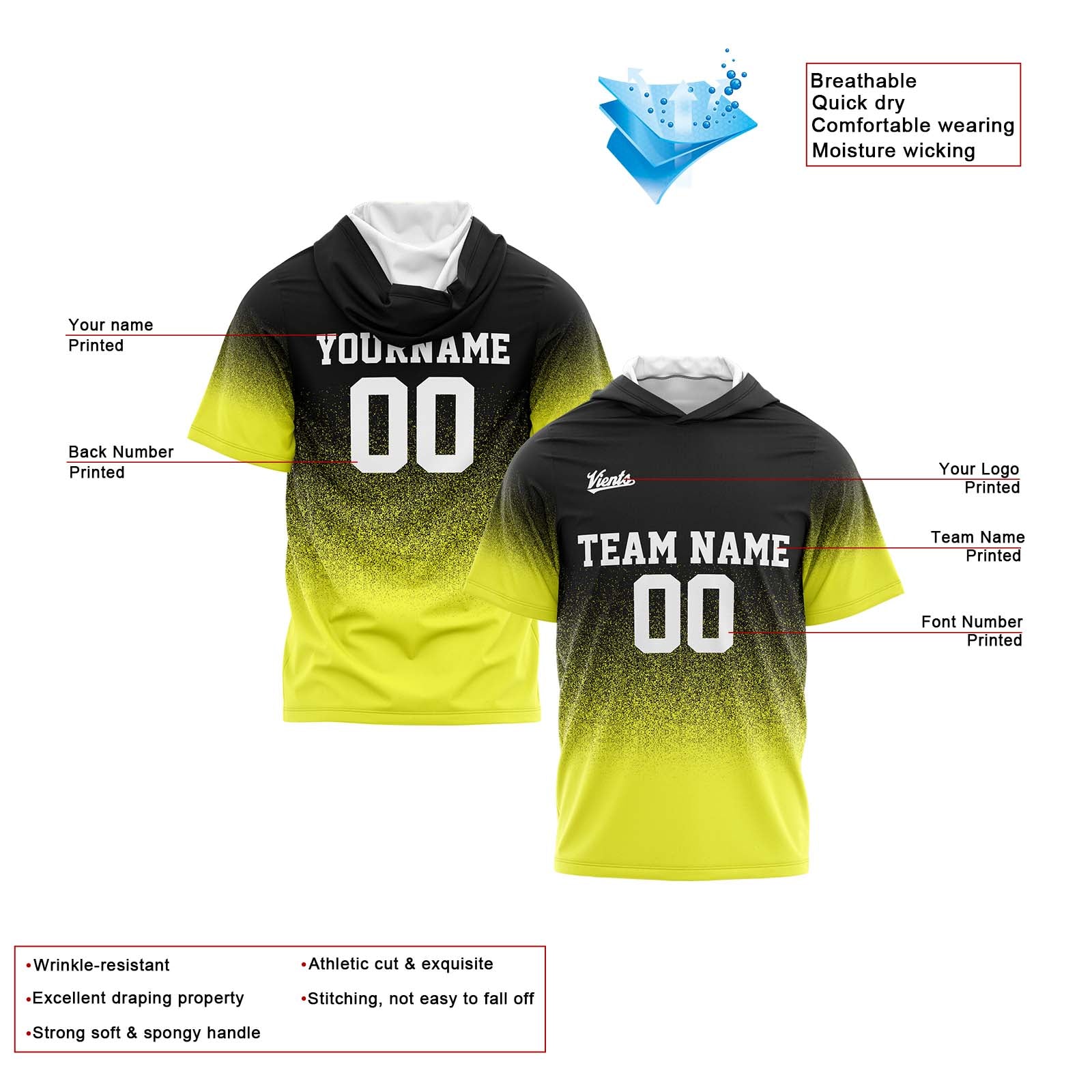 Custom Black Yellow Sleeve Hoodies for Men Women Shirts with Hoods Printed Name Logo enthsush