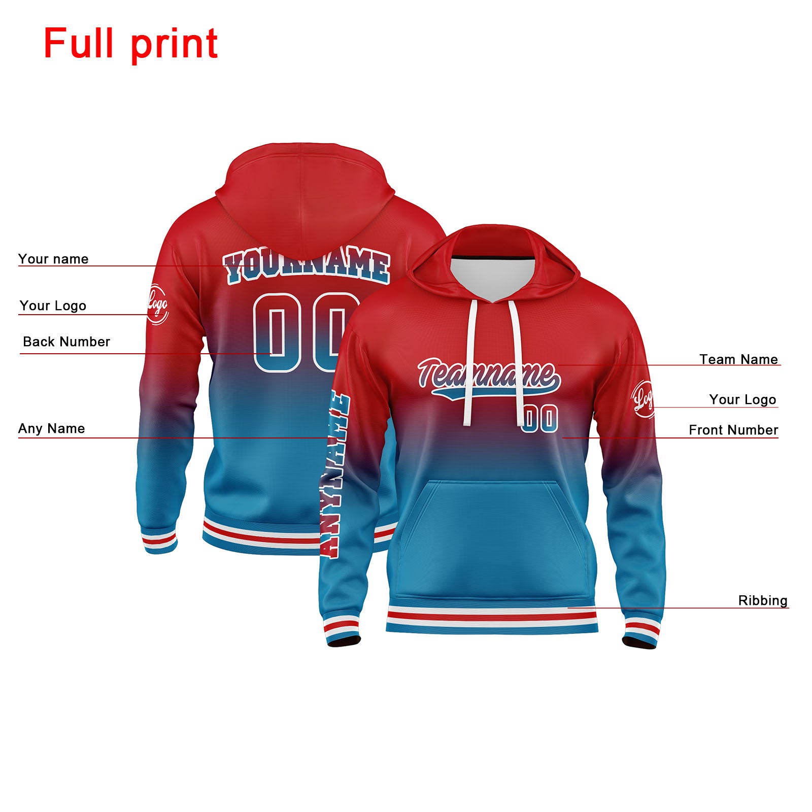 Custom Blue Red Sweatshirt Hoodie For Men Women Girl Boy Print Your Logo Name Number enthsush